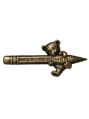 Vintage No 1 Teacher Bear Pencil Brooch Pin Gold Tone Gift Idea Fashion Jewelry